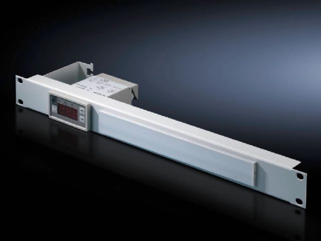 Digital enclosure internal temperature display and thermostat integrated into a patch panel 1 U