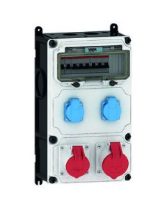 Block distributor Protection class: IP44 Enclosure: high-quality, impact-resistant solid rubber strip with carrying handle. Colour: lower part black, upper part black Dimensions: 400x155x90 mm (H x W) Dimensions without attachments Equipment: 4 x CEE sock