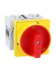 Rotary cam switch GX series, ON-OFF switch 3 poles 32A, for front mounting with red/yellow handle padlockable in 0 and protection covers, front plate 65X65mm